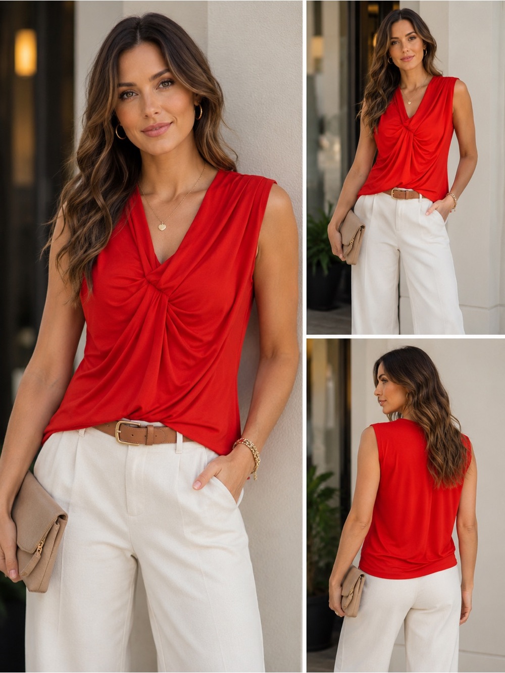 Fenn Wright Manson Coral Red Twist Front Top Sz M | Elegant Stretch Blouse